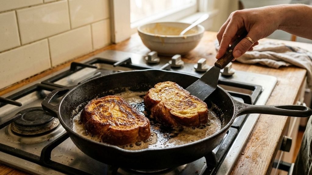 Hand turning a golden slice of challah French toast in a buttered skillet.
