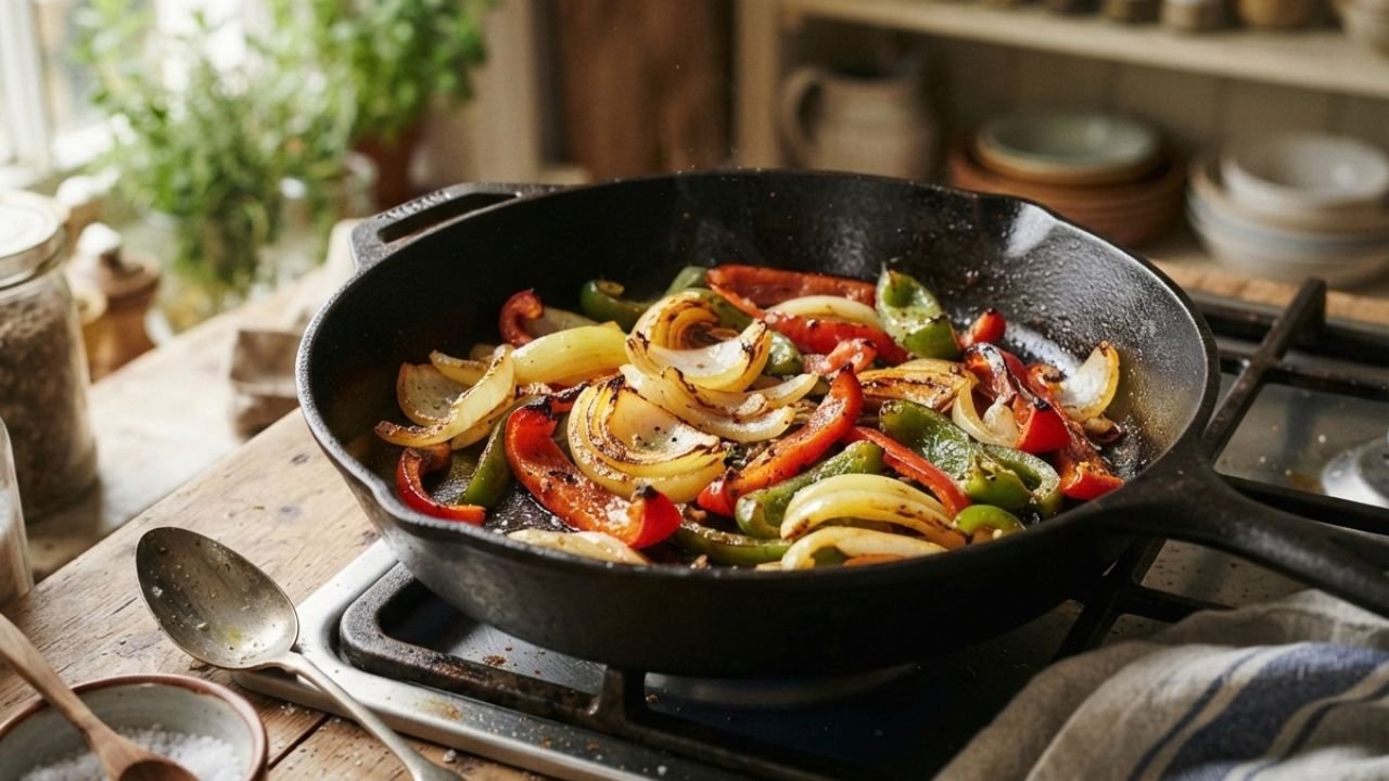 “Red, green and yellow peppers with sliced onion browning in a cast-iron skillet.”