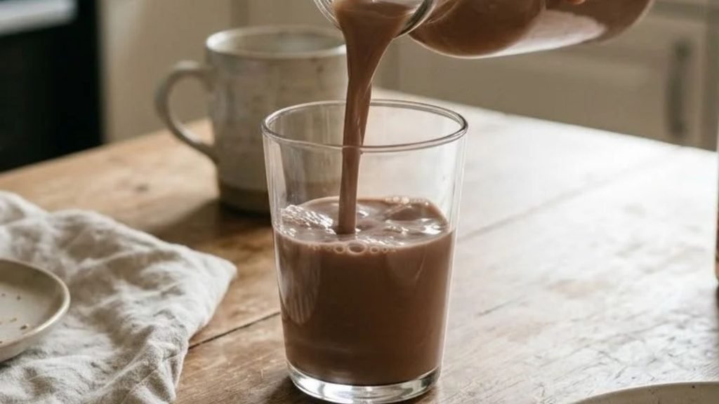 Hand pouring chocolate milk into a clear glass on a breakfast table.