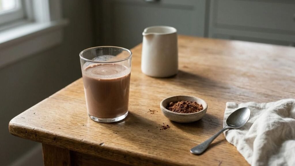 Glass of chocolate milk beside a small dish of cocoa powder and a teaspoon on a wooden table.