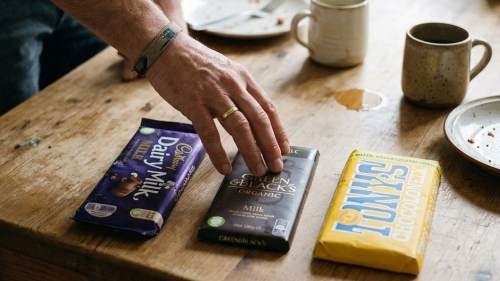 “Person's hands choosing between chocolate bars on a table prepared for a small gathering.”

