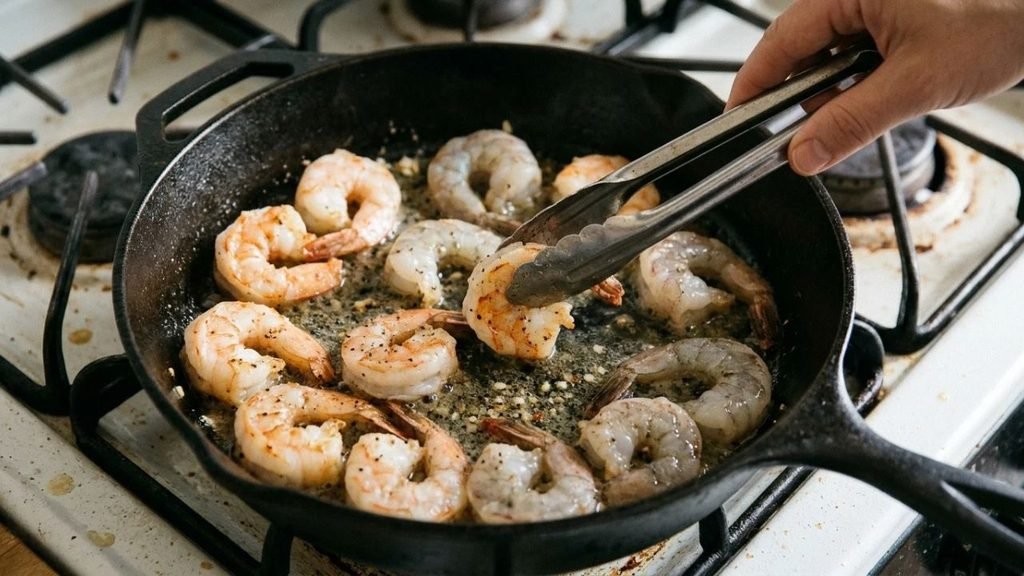 Large shrimp turning pink in a skillet as a cook turns one with metal tongs.