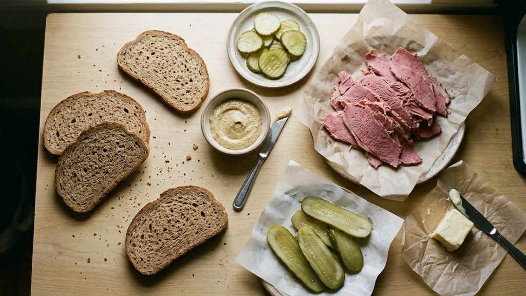 Sliced corned beef, rye bread, mustard, dill pickles, and butter arranged on a kitchen surface.