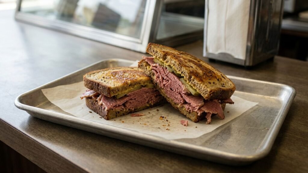 Corned beef sandwich on grilled rye bread, cut in half to show the meat, mustard, and pickle layers.