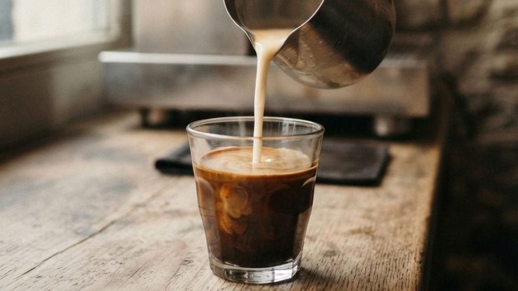 Steamed milk being poured into freshly extracted espresso in a small glass.