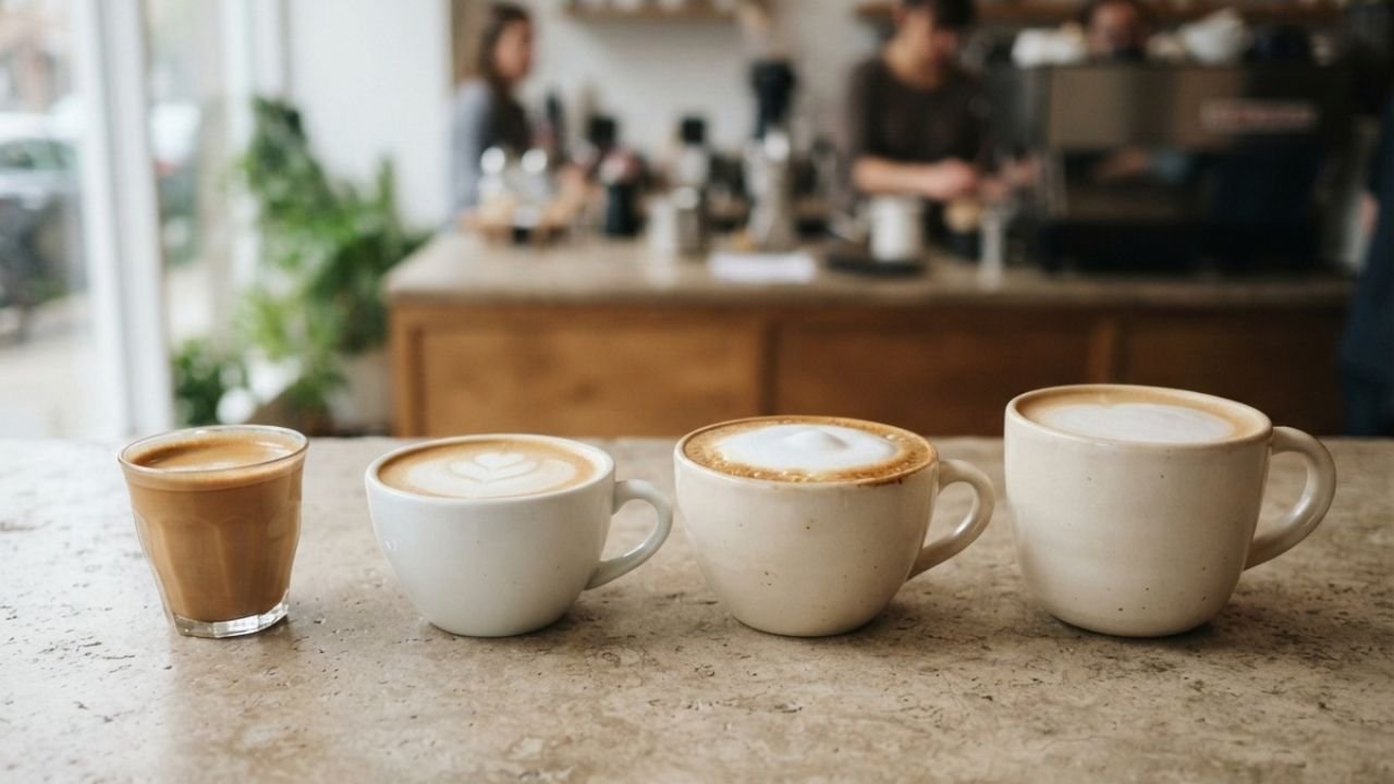 Four espresso-and-milk drinks shown side by side, with the cortado smallest and the latte containing the most milk.