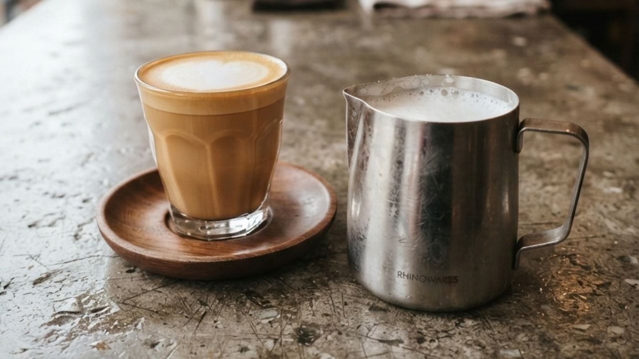 Smooth steamed milk in a metal pitcher beside a small cortado on a café counter.