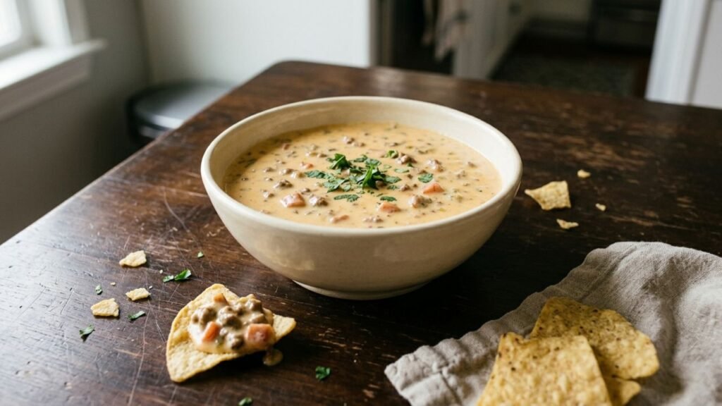 Bowl of creamy cheese dip with browned ground beef, green chiles and tortilla chips.