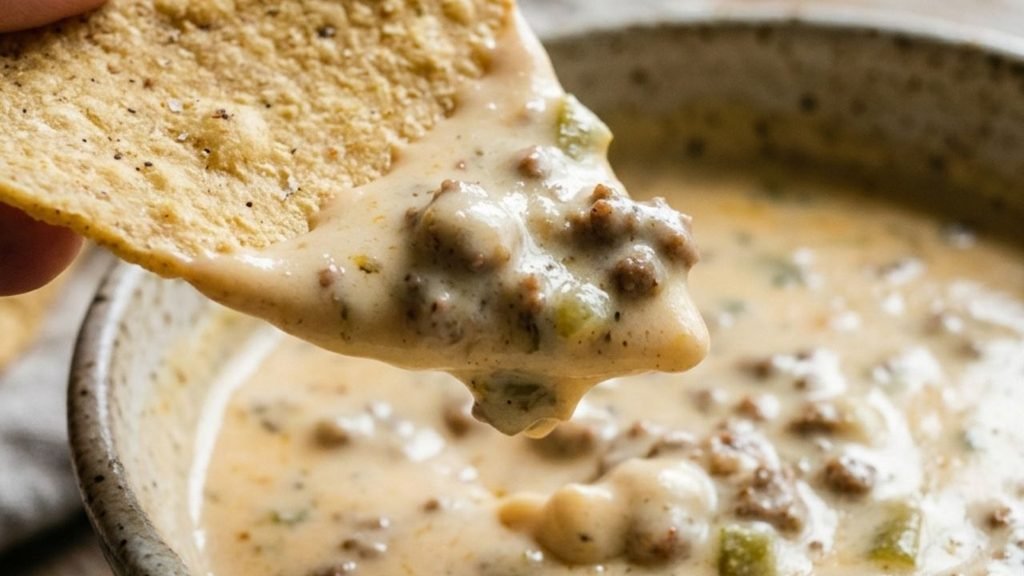 Tortilla chip coated in creamy beef queso above a bowl of cheese dip.