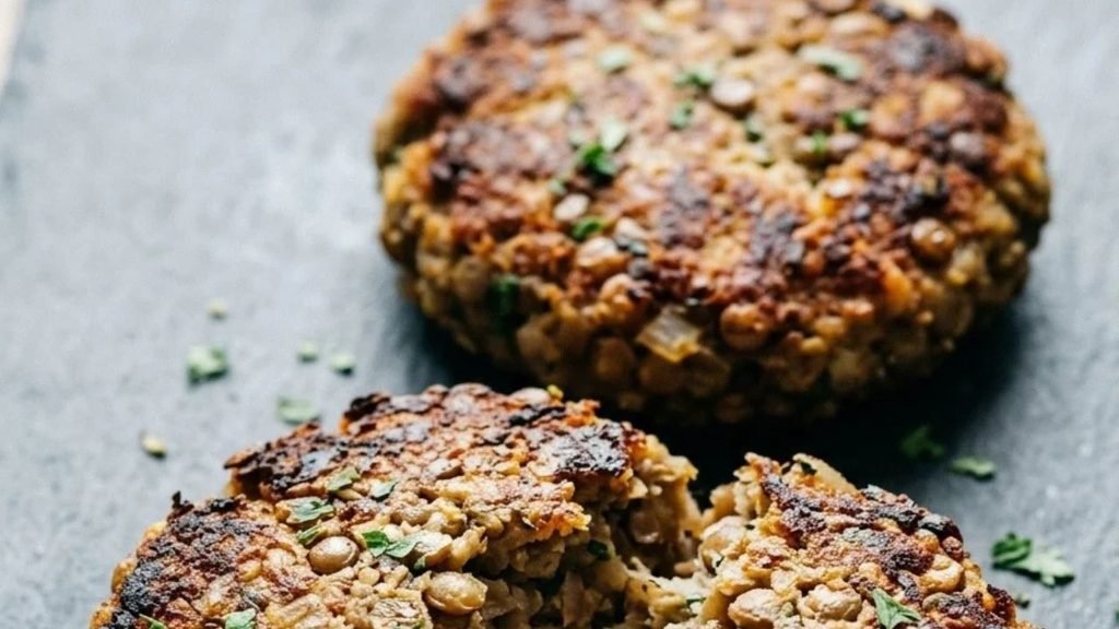 Two browned lentil patties, one cut open to show the coarse lentil and herb filling.