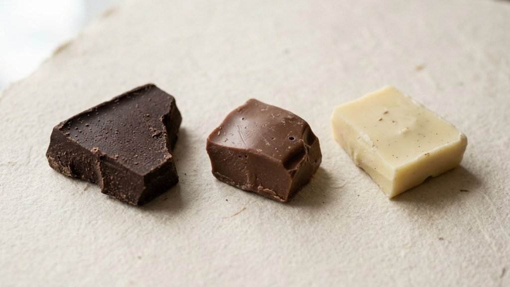 “Three chocolate pieces in dark brown, milk brown and ivory tones on off-white paper.”

