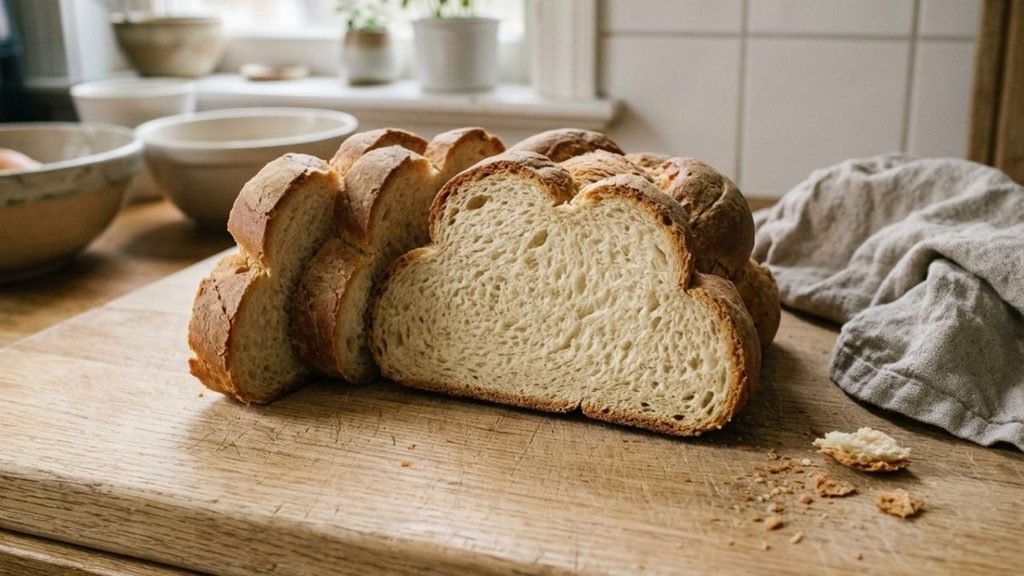 Thick slices of day-old braided challah resting uncovered on a wooden cutting board.