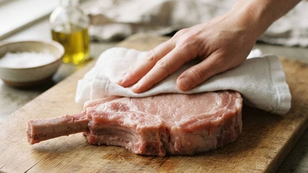 “Hand patting a thick bone-in veal chop dry on a wooden cutting board.”