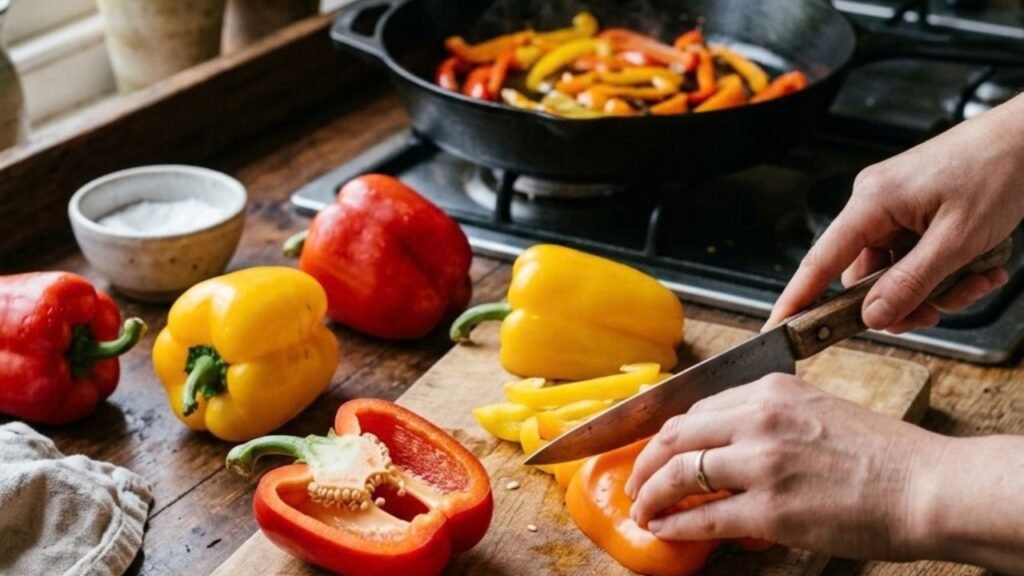 Red, yellow and orange bell peppers being sliced beside a pan of peppers cooking on a kitchen worktop.