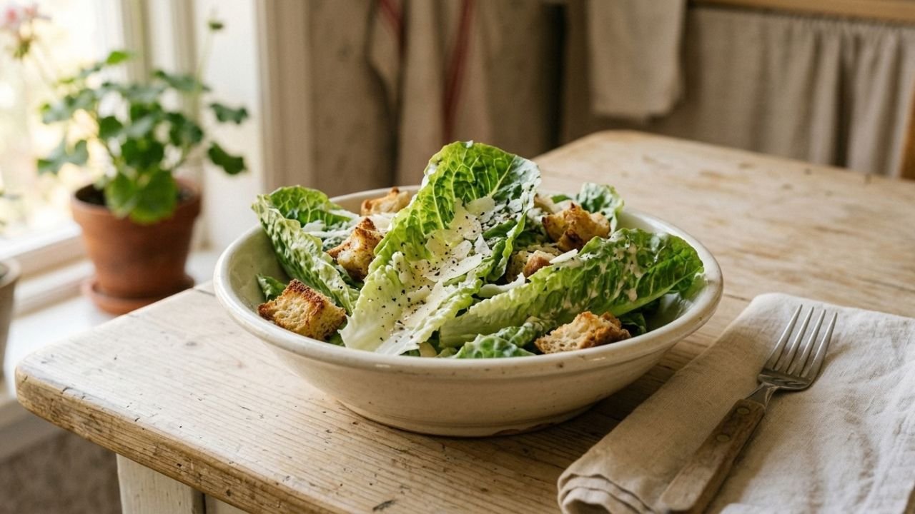 Finished Caesar salad with crisp romaine, creamy dressing, croutons and grated Parmesan.