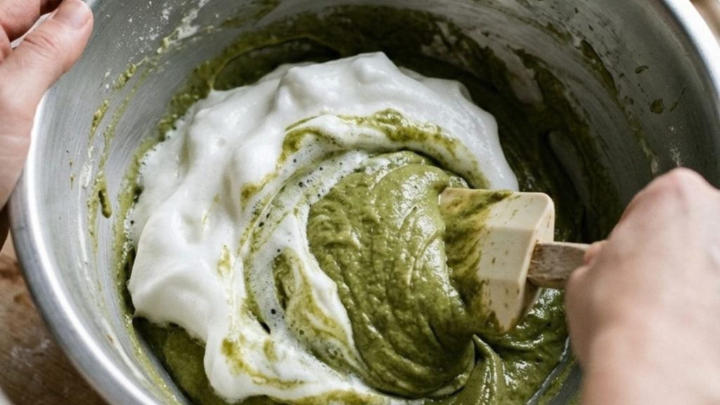Spatula gently folding white whipped egg whites into green matcha cake batter in a metal bowl.