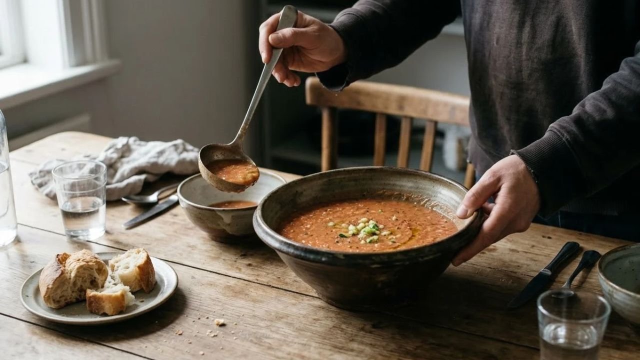 A person serves gazpacho from a broad ceramic bowl at a dining table.