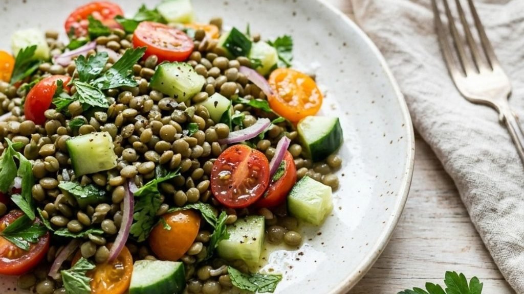 Green lentil salad with cucumber, cherry tomatoes, red onion, parsley and mint.