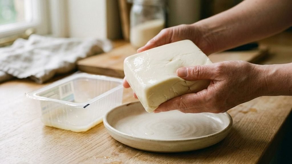 “Hands carefully transferring a soft block of silken tofu from its package onto a ceramic plate.”