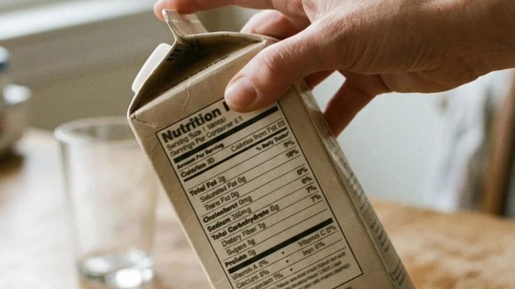 Hand turning a milk carton to examine its nutrition information at a kitchen table.