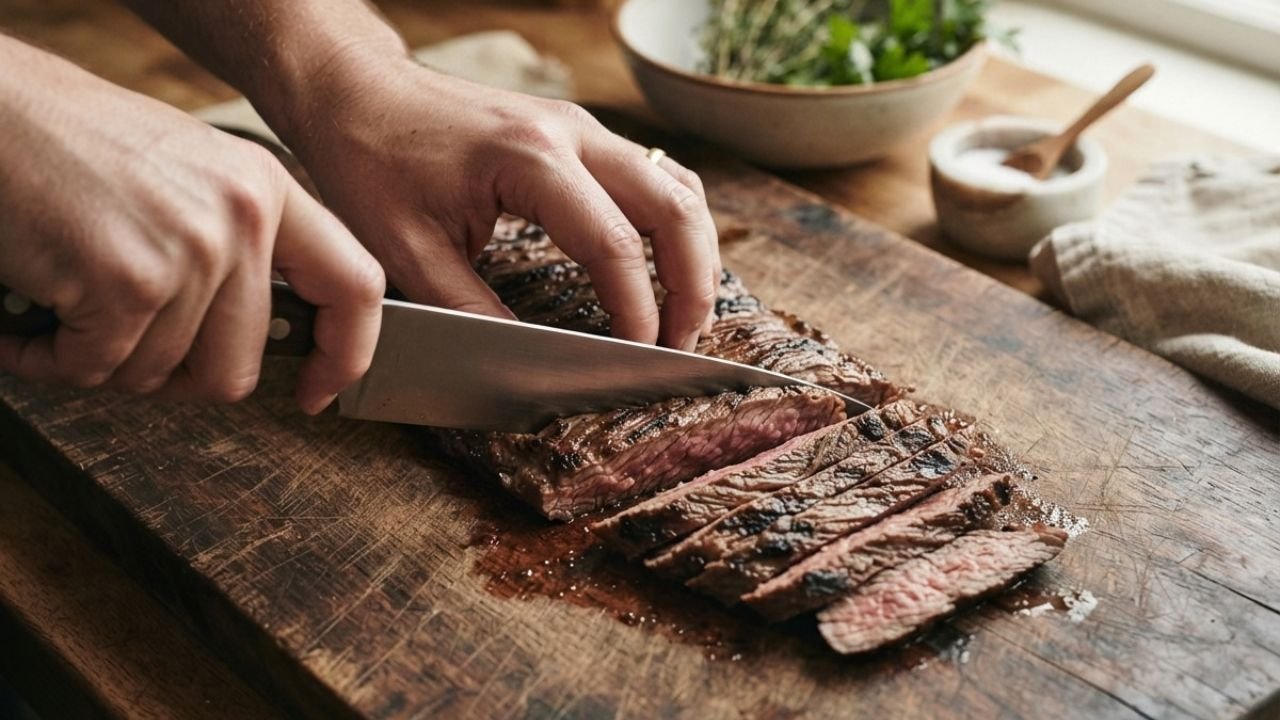 “Cook slicing skirt steak across clearly visible muscle fibers on a wooden cutting board.”
