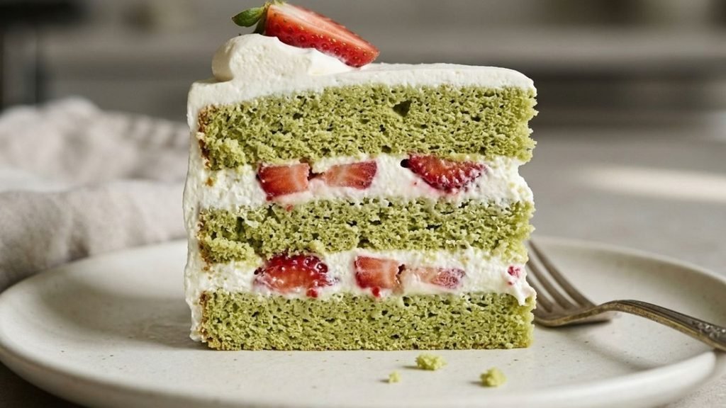 Cut matcha shortcake showing green sponge, white cream and strawberry slices in the filling.
