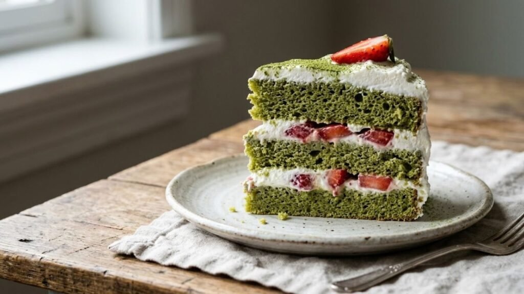 Slice of matcha sponge cake layered with whipped cream and fresh strawberries.