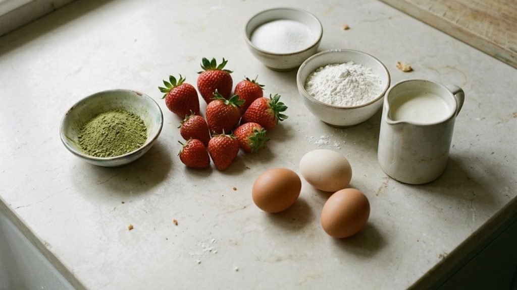 Matcha powder, fresh strawberries, eggs, flour, sugar and cream arranged on a kitchen worktop.