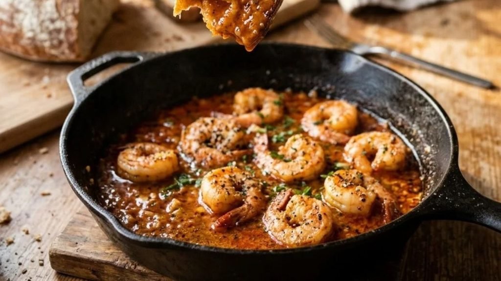 A hand holds crusty bread above a skillet of shrimp in buttery pepper sauce.