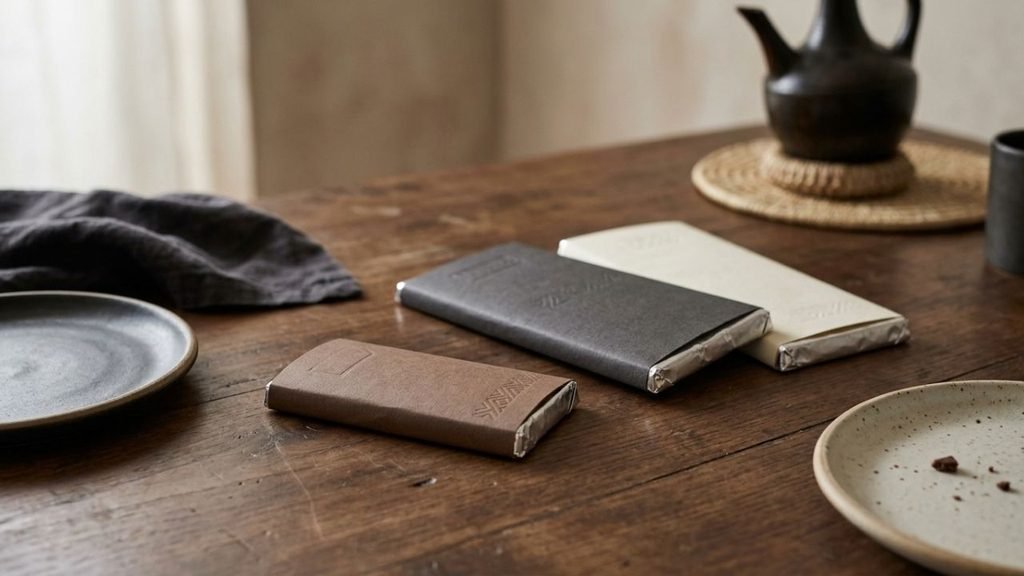 “Small and larger chocolate bars arranged on a dining table.”

