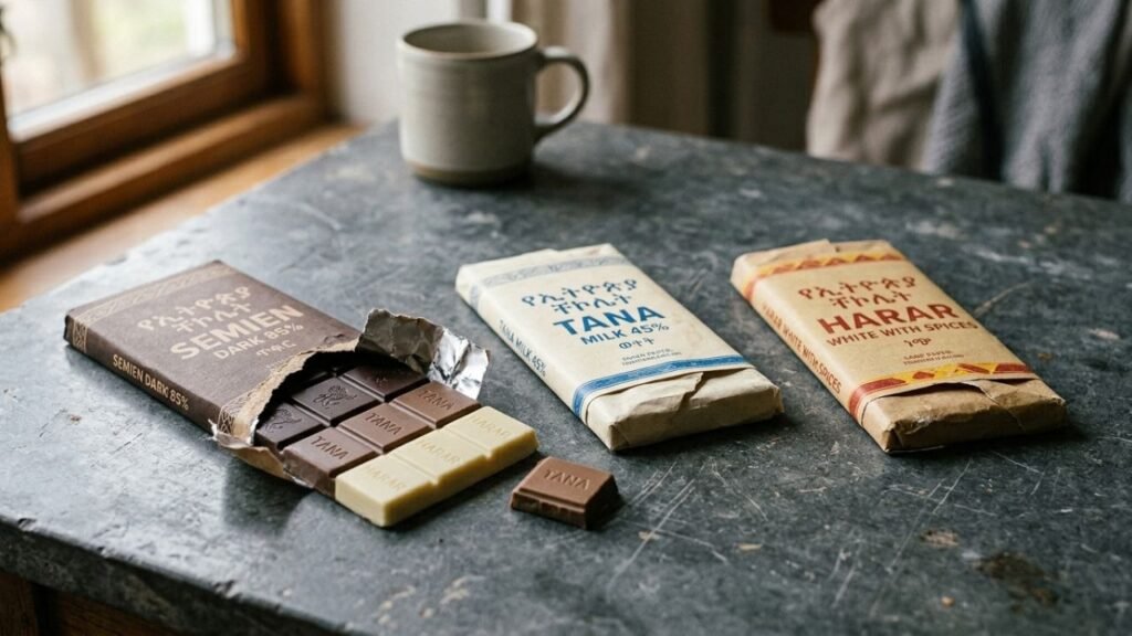 “Three NIB chocolate bars arranged on a stone surface, with one partly unwrapped.”