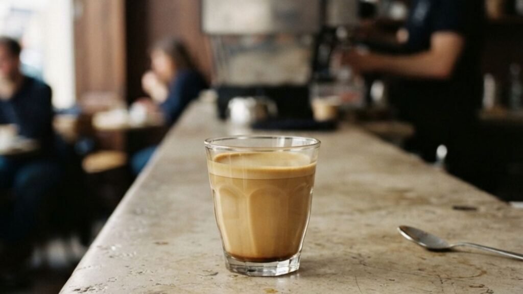 Small cortado in a clear glass on a worn stone café counter, with dark espresso beneath pale steamed milk.