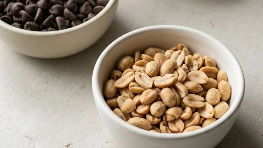 Roasted peanuts, semi-sweet chocolate chips, and butterscotch chips in separate ceramic bowls.