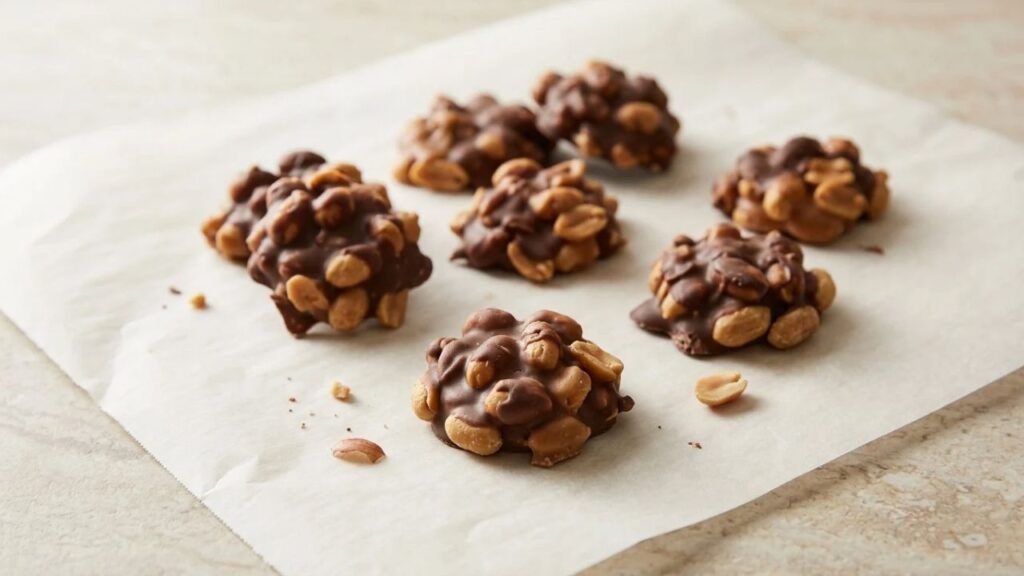Homemade peanut clusters with visible roasted peanuts in a chocolate and butterscotch coating.