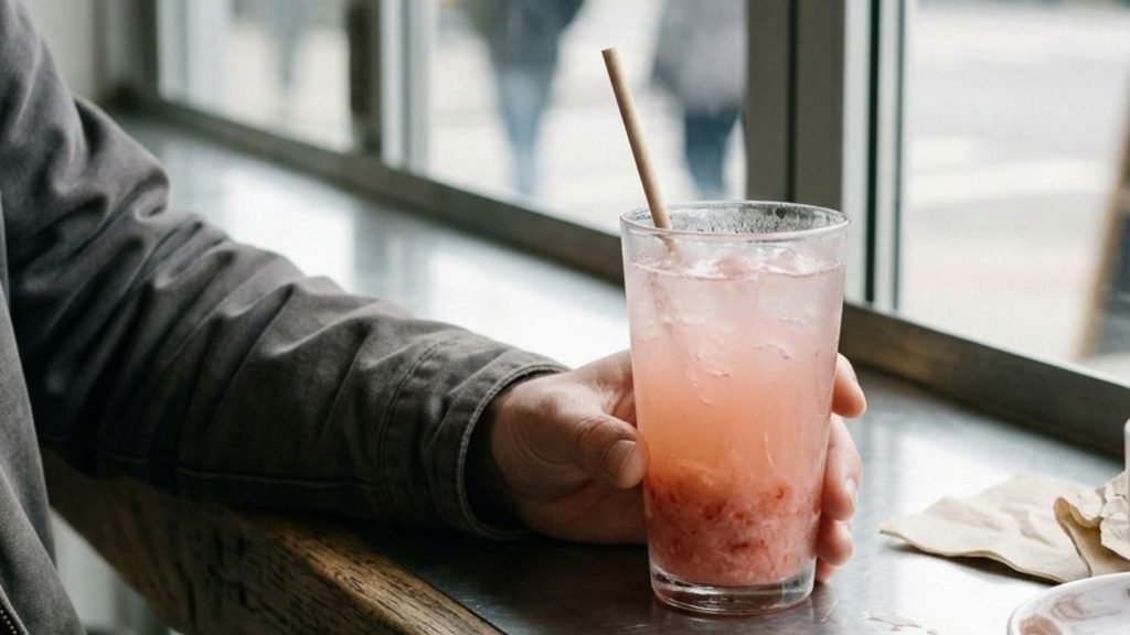Customer holding a cold pink beverage beside a café window.