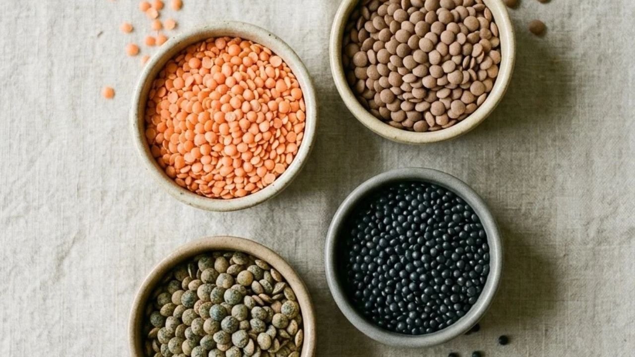 Red split, brown, green and black lentils arranged in separate ceramic dishes.