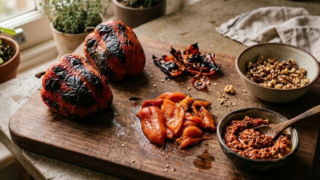 Blistered roasted red peppers beside peeled pepper flesh, walnuts and a coarse pepper spread.