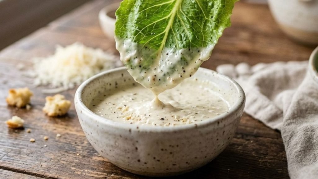 Crisp romaine leaf lightly coated in Caesar dressing above a bowl.