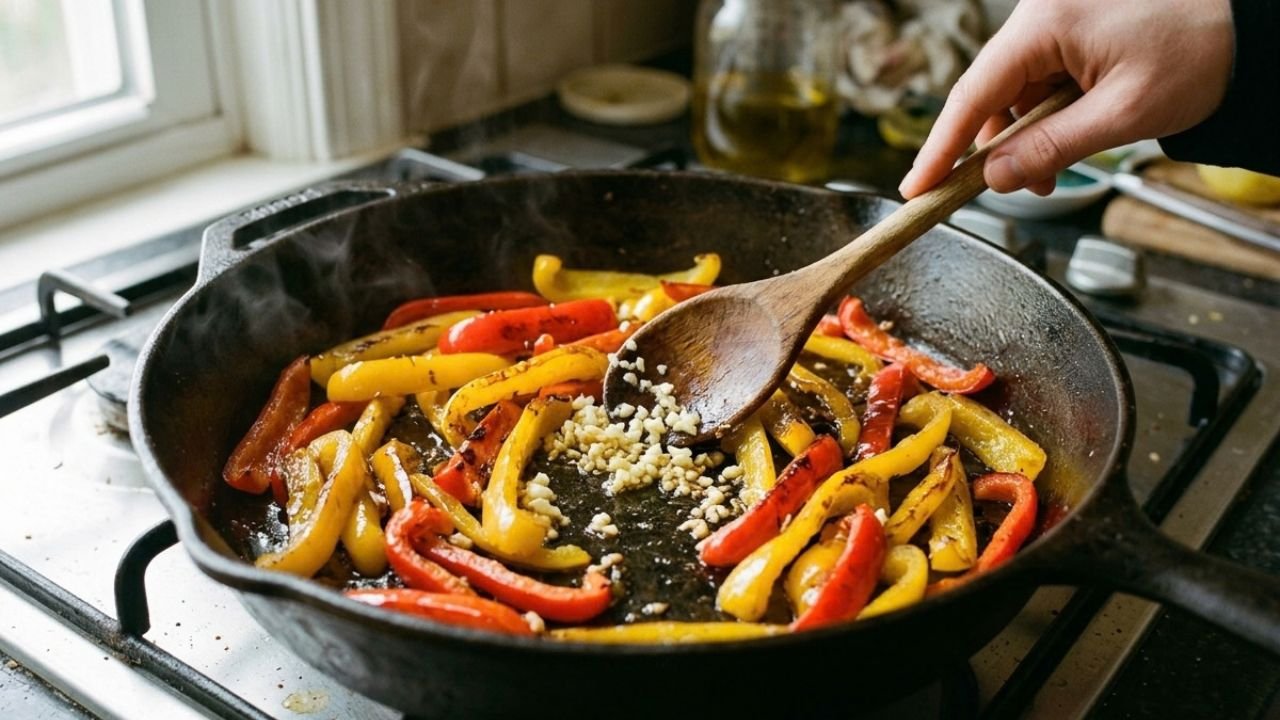 Sliced red and yellow peppers softening with garlic in a dark skillet.