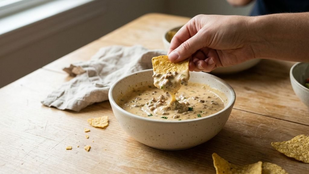 Hand lifting a tortilla chip filled with beef queso from a shared bowl.