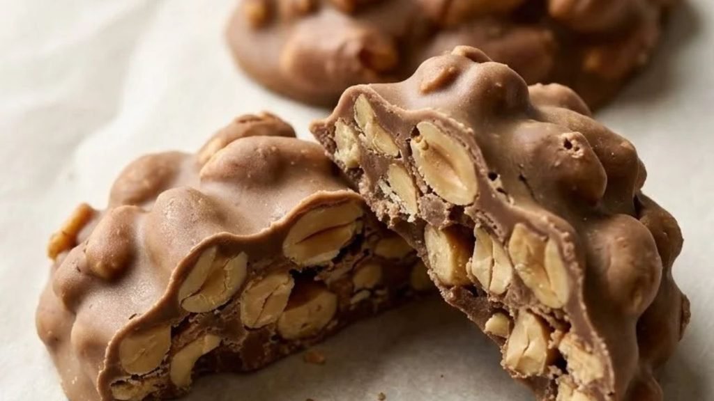 Broken peanut cluster showing roasted peanuts held together by a firm chocolate and butterscotch coating.