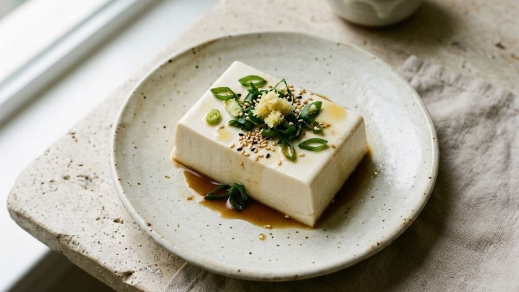 “Silken tofu topped lightly with ginger, scallions, sesame seeds and soy sauce on a ceramic plate.”