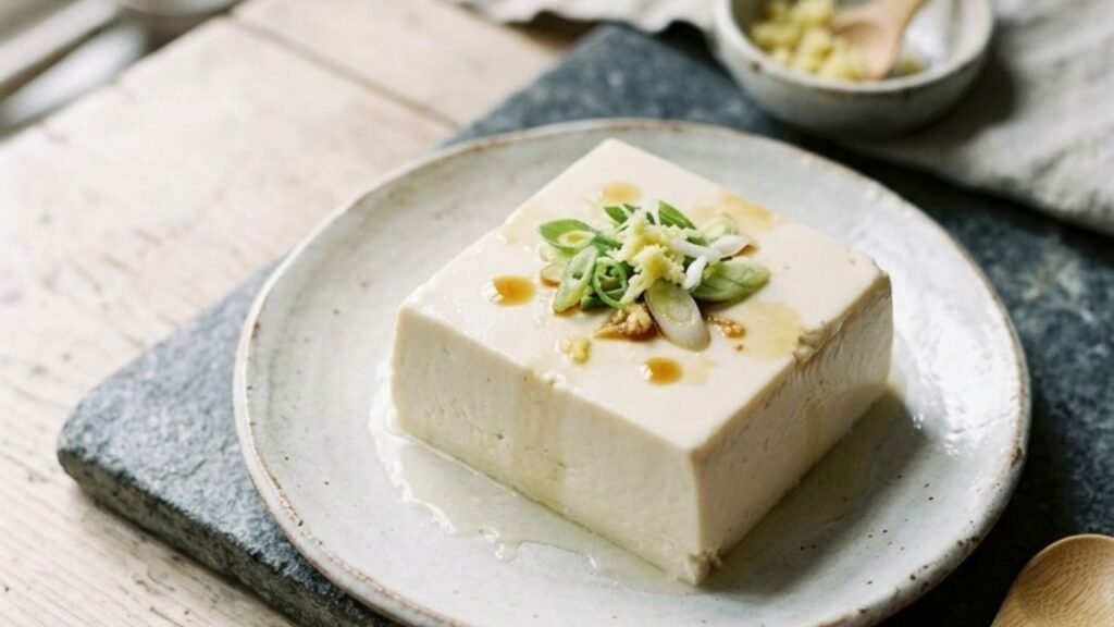 “Intact block of silken tofu on a shallow ceramic plate with ginger, scallions and a small amount of sauce.”