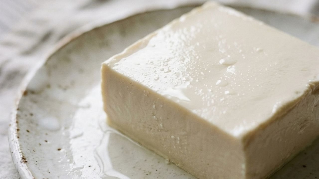 “Close-up of the smooth, moist surface of silken tofu resting on a ceramic plate.”