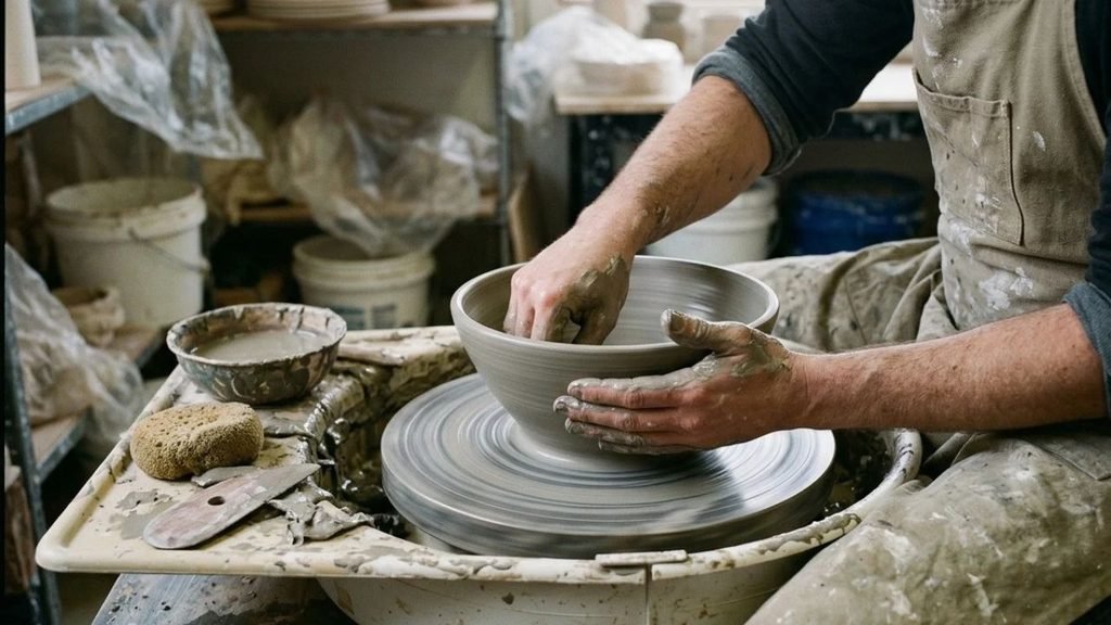 A craftsperson shapes the walls of a clay bowl on a pottery wheel.