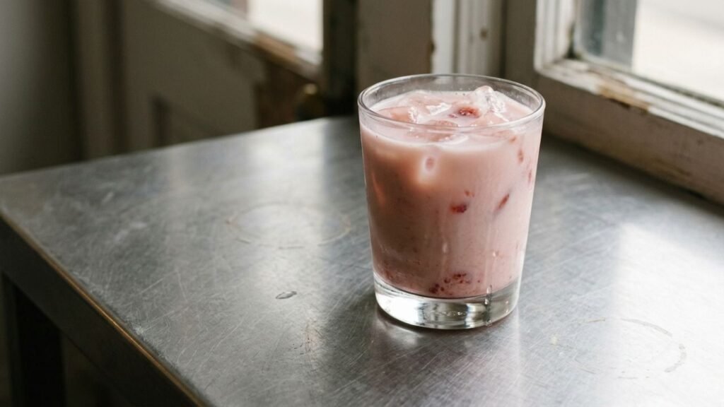 Pink iced strawberry beverage with visible ice and fruit on a café counter.