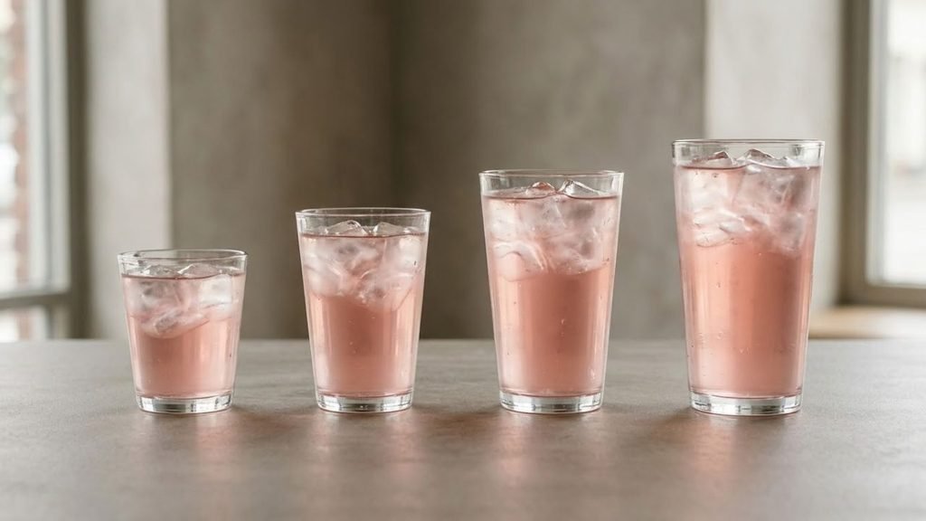 Four differently sized vessels containing a pale-pink iced beverage, arranged from smallest to largest.