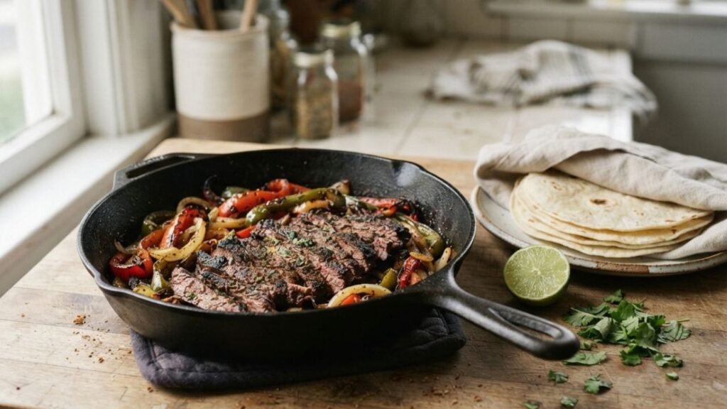 “Skillet of sliced steak fajitas with browned peppers and onions beside warm tortillas and lime.”