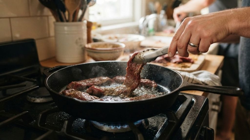 “Skirt steak strips cooking in a hot cast-iron skillet with browned edges developing.”