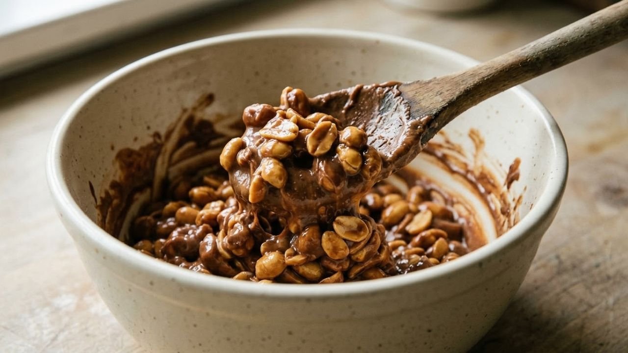 Roasted peanuts being stirred into a thick melted chocolate and butterscotch mixture.